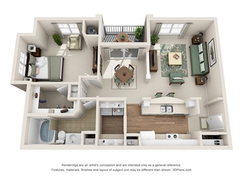 Floor plan for 1 bed, 1 bath, 888 sqft